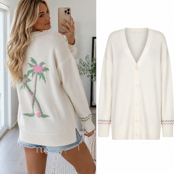 27 Miles Sweaters - 27 Miles Malibu Intarsia Palm Tree Cardigan Sweater XS Ivory Pink Revolve Beachy